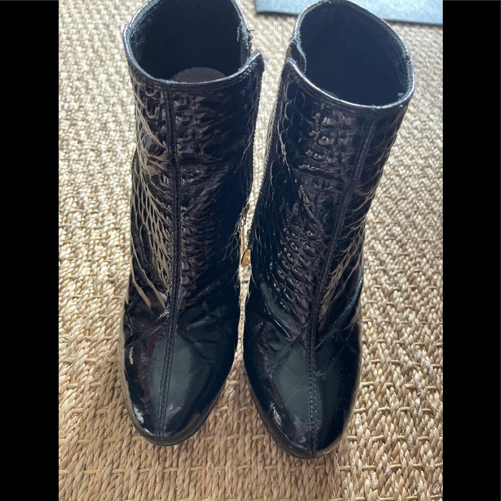 Tory Burch Croc embossed patent booties